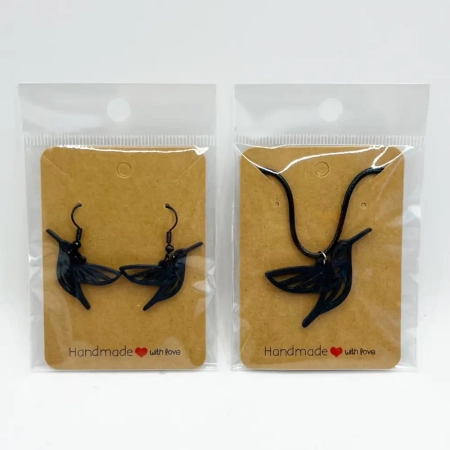 Humming Bird Earrings and Necklace, Black Humming Bird Earrings and Necklace